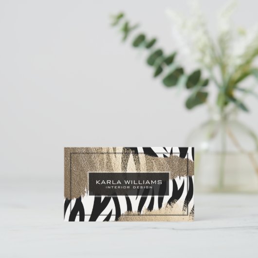 Gouden Glitter & Zwart & Wit Zebra Visitekaartje (Staand voorkant)