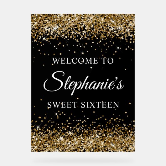 Gouden Glitter Zwart Zoet Zestien Welkom Acryl Bord (Voorkant)