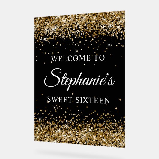 Gouden Glitter Zwart Zoet Zestien Welkom Acryl Bord (Hoek)