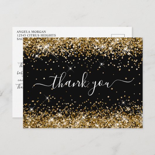 Gouden Glitter Zwarte Baby Shower Bedankt Briefkaart (Voorkant / Achterkant)