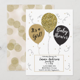 Gouden Glitter Zwarte Ballonnen Meisje Baby Shower Kaart