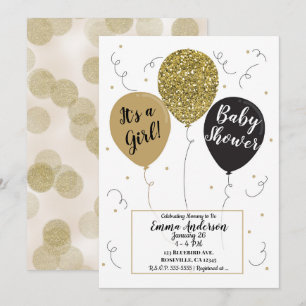 Gouden Glitter Zwarte Ballonnen Meisje Baby Shower Kaart