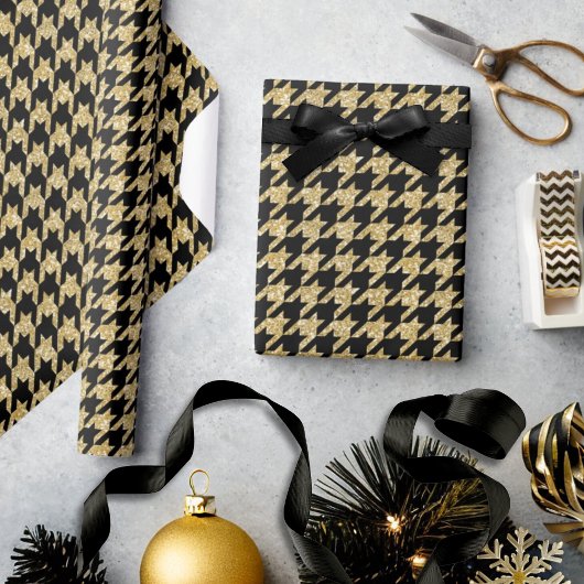 Gouden Glitter & Zwarte Houndstooth Glam Kerst Cadeaupapier