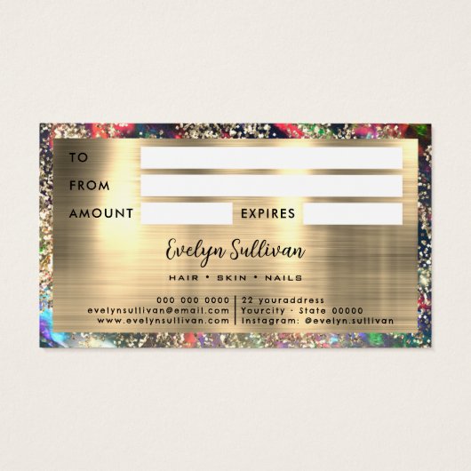 Gouden glitter zwarte opaal cadeaubon visitekaartje (Achterkant)
