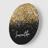 Gouden Glitter Zwarte Script Naam Grote Klok (Hoek)