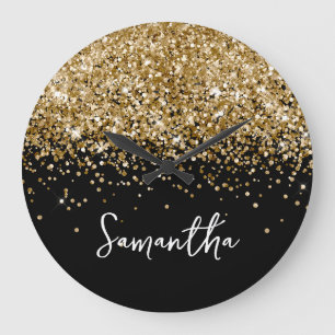 Gouden Glitter Zwarte Script Naam Grote Klok