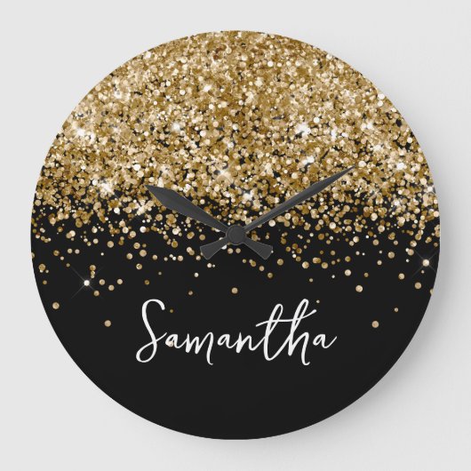 Gouden Glitter Zwarte Script Naam Grote Klok (Voorkant)