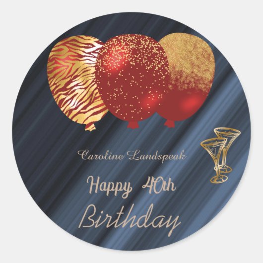 Gouden Glitterballonnen & Gouden Bril 40e Verjaard Ronde Sticker (Voorkant)
