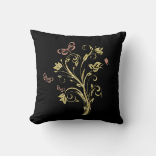 Gouden Glitterbloemen & Roze Vlinders Kussen