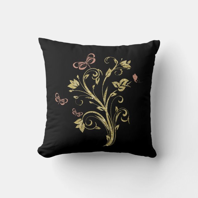 Gouden Glitterbloemen & Roze Vlinders Kussen (Voorkant)