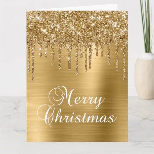 Gouden Glitterdruppels Metallic Prettig Kerstfeest Kaart (Voorkant)