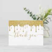 Gouden Glitterdruppels Moderne Elegante Script Bedankkaart (Staand voorkant)