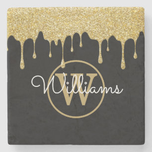 Gouden Glitterdruppels Monogram Script Naam Zwart Stenen Onderzetter