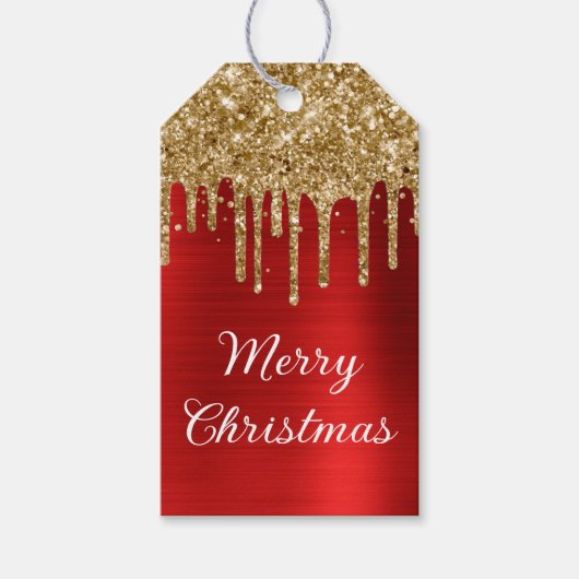 Gouden Glitterdruppels Rode Folie Prettig Kerstfee Cadeaulabel (Voorkant)