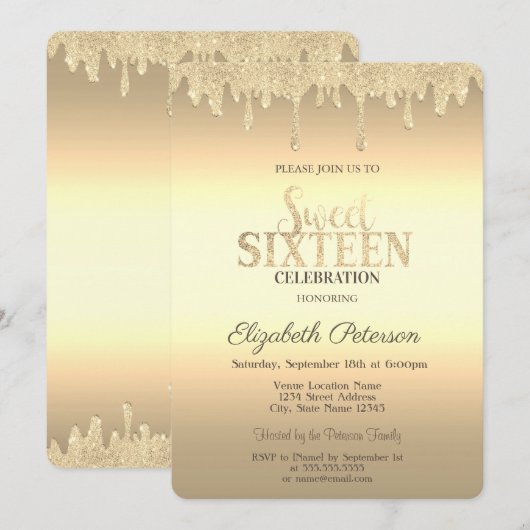 Gouden Glitterdruppels Sweet 16 Kaart (Voorkant / Achterkant)