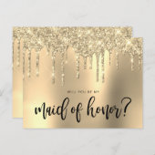 Gouden glitterdruppels, zult u mijn bruidsmeisje z uitnodiging briefkaart (Voorkant / Achterkant)
