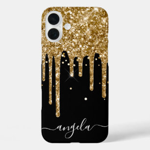 Gouden Glitterdruppels Zwarte Glam Handtekening iPhone 16 Plus Hoesje