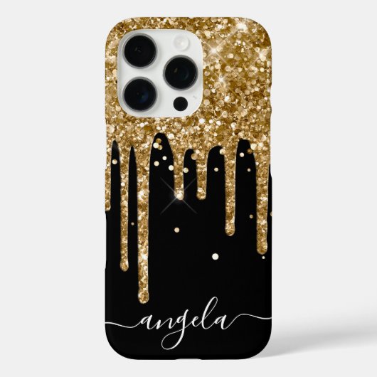 Gouden Glitterdruppels Zwarte Glam Handtekening Case-Mate iPhone Case (Achterkant)