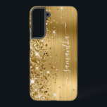 Gouden Glitterende Folie Vrouwelijke Handtekening Samsung Galaxy Hoesje<br><div class="desc">Vrouwelijke nepsonkende gouden glitterhoogtepunten aan de linker rand, over een nepgouden ombre geborsteld metalen folie. De moderne vrouwelijke handtekening heeft een elegante witte kalligrafie lettertype met decoratieve staarten in een verticale indeling. Pas de lettertype-stijlen aan of verplaats de glinsterende afbeeldingen om je eigen telefoon accessoires te maken. De extra glinsteringen,...</div>