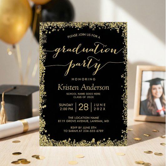Gouden Glitterende Rand Typografie Afstudeerfeest Kaart