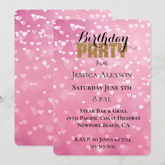 Gouden glitterfeest roze witte harten verjaardag kaart (Voorkant / Achterkant)