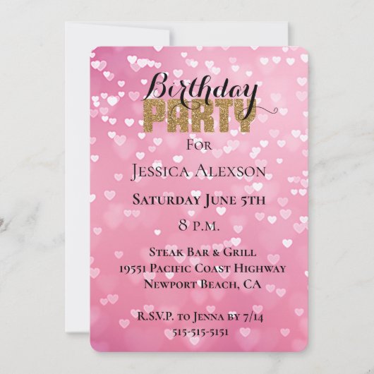 Gouden glitterfeest roze witte harten verjaardag kaart (Voorkant)