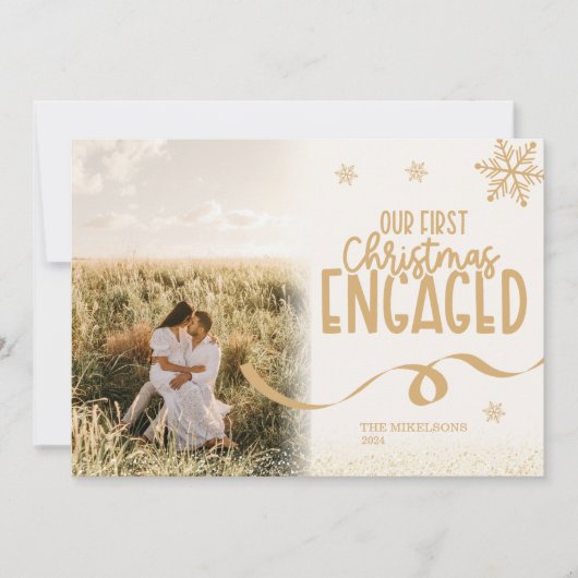 Gouden glitterfoto eerste kerst verloofd feestdagenkaart (Voorkant)