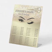 Gouden glitterhaar & make-up knipoog prijslijst reclamebord met voetstuk (Voorkant)