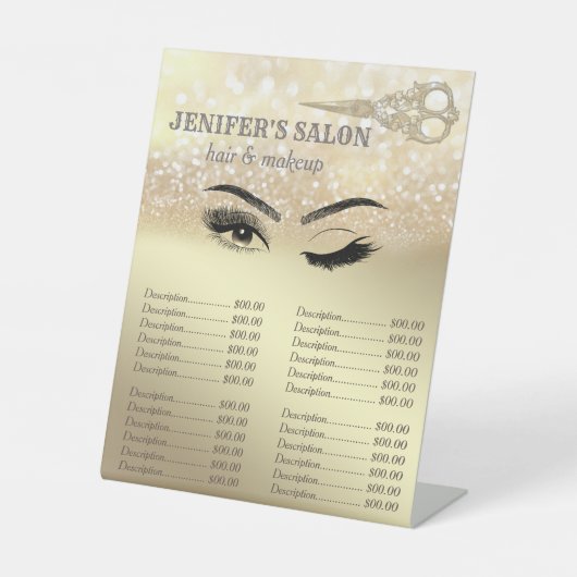Gouden glitterhaar & make-up knipoog prijslijst reclamebord met voetstuk (Voorkant)