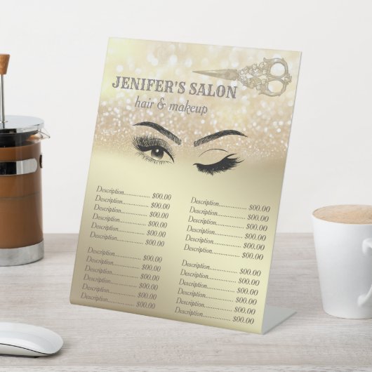 Gouden glitterhaar & make-up knipoog prijslijst reclamebord met voetstuk (Insitu)