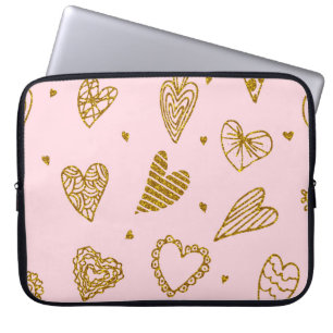 Gouden glitterharten: roze achtergrondpatroon laptop sleeve
