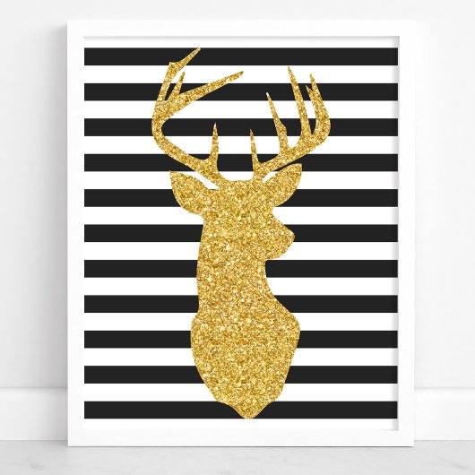 Gouden Glitterhert Zwart & Wit Gestreepte Poster
