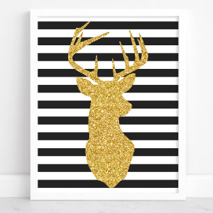 Gouden Glitterhert Zwart & Witte Strepen Poster