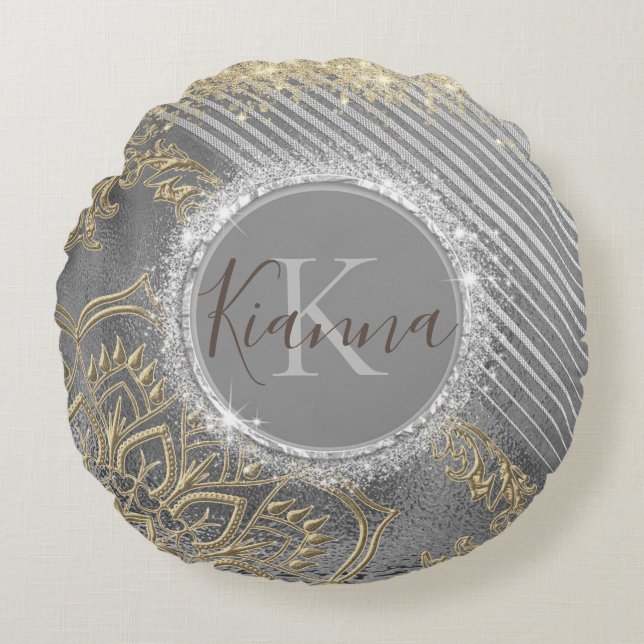 Gouden Glitterij Lotus Mandala op Silver Monogram Rond Kussen (Voorkant)