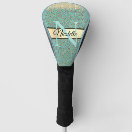 Gouden Glitterij Veren Monogram op Turquoise Golfheadcover