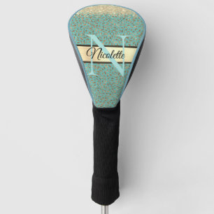 Gouden Glitterij Veren Monogram op Turquoise Golfheadcover