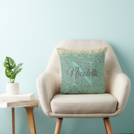 Gouden Glitterij Veren Monogram op Turquoise Kussen