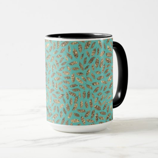 Gouden Glitterij Veren Monogram op Turquoise Mok (Voorkant rechts)