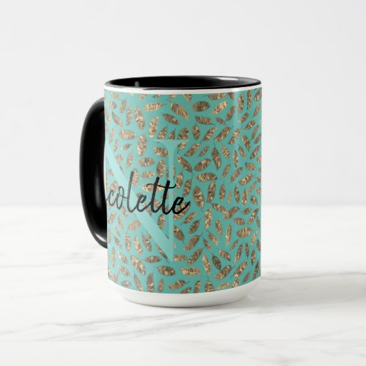 Gouden Glitterij Veren Monogram op Turquoise Mok (Voorkant links)