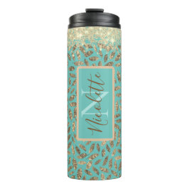 Gouden Glitterij Veren Monogram op Turquoise Thermosbeker