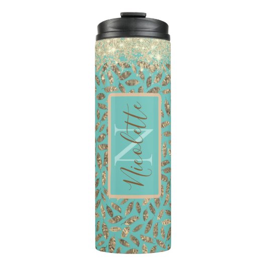 Gouden Glitterij Veren Monogram op Turquoise Thermosbeker (Voorkant)