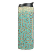 Gouden Glitterij Veren Monogram op Turquoise Thermosbeker (Gedraaid links)
