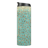 Gouden Glitterij Veren Monogram op Turquoise Thermosbeker (Geroteerd rechts)