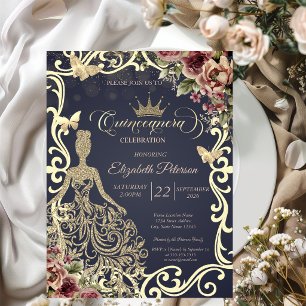 Gouden Glitterjurk, Frame Vlinder Bloem  Kaart
