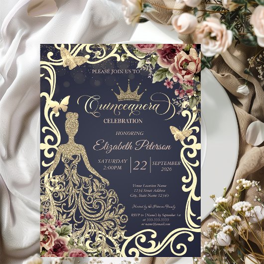 Gouden Glitterjurk, Frame Vlinder Bloem Kaart