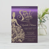 Gouden glitterjurk, Tiara, Paarse Sweet 16 Kaart (Staand voorkant)