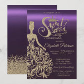 Gouden glitterjurk, Tiara, Paarse Sweet 16 Kaart (Voorkant / Achterkant)