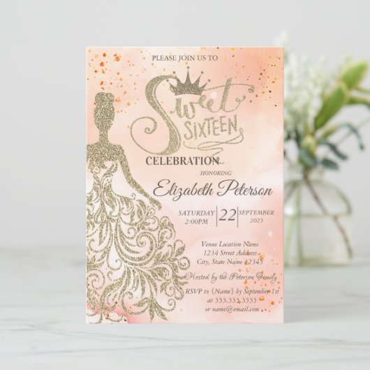 Gouden glitterjurk, Tiara, Waterverf OrangeSweet 1 Kaart (Staand voorkant)