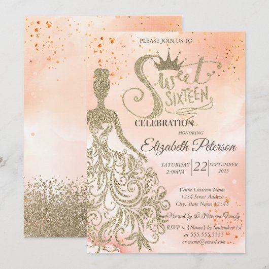 Gouden glitterjurk, Tiara, Waterverf OrangeSweet 1 Kaart (Voorkant / Achterkant)