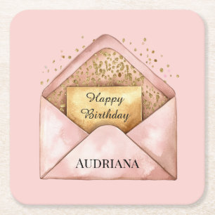 Gouden Glitterkaart Roze Blush Envelop Verjaardag Kartonnen Onderzetters